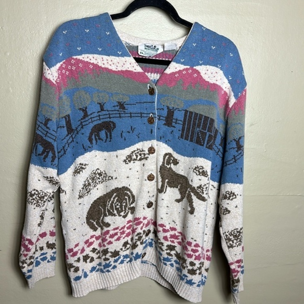 Northern Reflections White Winter Farm Dog Print Cardigan